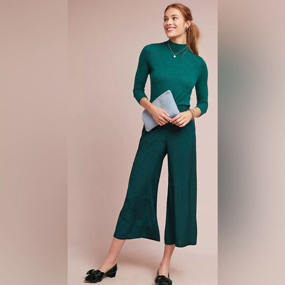 Anthropologie x Dolan Holiday Wide Leg polka dot pant in emerald green NWT XS - Picture 1 of 13
